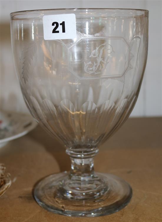 Lrge Georgian glass Roemer engraved with initials flanked by wheatears  22 cm high x 15 cm diameter